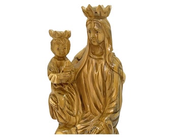 Hand-Carved Olive Wood Madonna Statue: Virgin Mary with Baby Jesus