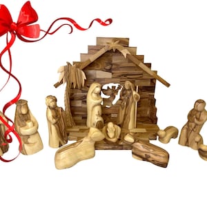 Christmas Nativity set Creche olive wood hand carved in Bethlehem Holy Land, Modern Nativity