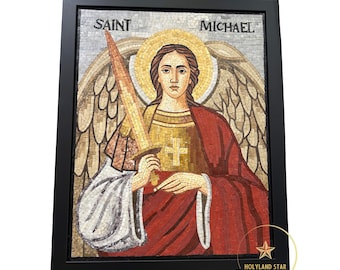 Saint Michael Mosaic Wall Art, Handmade Jerusalem Stone Archangel