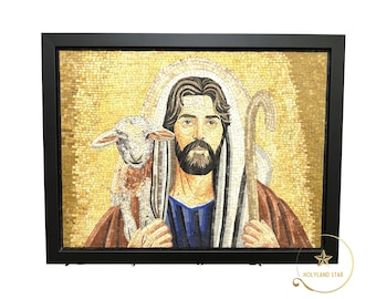 Jesus Holding the Sheep Mosaic Handmade, Good Shepherd Jerusalem Stone Art wall
