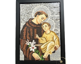 Saint Anthony Holding Baby Jesus Mosaic Handmade Stone Religious Artwork