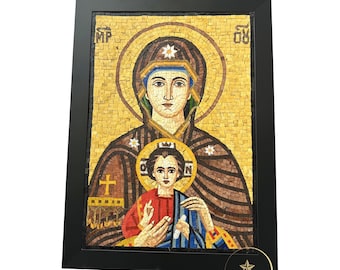 Mosaic Virgin Mary and Baby Jesus Handmade Jerusalem Stone Religious Art Wall