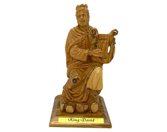 King David with the harp olive wood hand carved, musical instrument, religious art, Holy Land