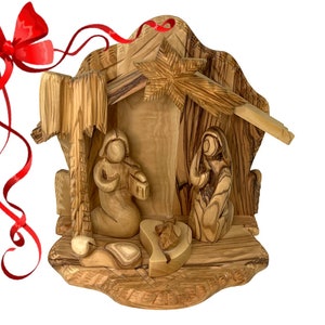 Christmas Nativity Scene olive wood handmade in Bethlehem Holy Land, Modern Nativity Creche