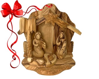 Christmas Nativity Scene olive wood handmade in Bethlehem Holy Land, Modern Nativity Creche