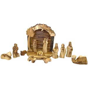 Kerststal met handgesneden kamelenolijfhout, kerstcadeau