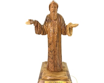 Saint Charbel Olive Wood Statue Hand Carved Christian Gift, Catholic Saint Sculpture