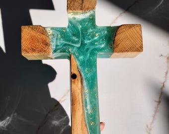 Resin Cross with Wood Inlay | Christian Decor