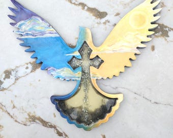 Hand Painted Dove wall decor, Silver Flake Cross Inlay