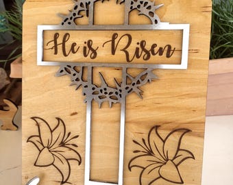 He is risen cross and thorn crown art | Laser cut Christian decor