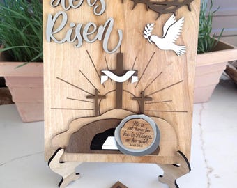 Jesus resurrection laser cut| he is risen Christian art | mantel shelf decor