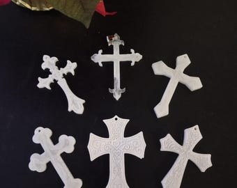 Set of 6 White Resin Crosses | Easter Basket, Ornament, Craft Supplies