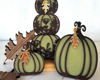 DIY Wood Fall Pumpkin Decor: Brown and Green Glitter. Finished or unfinished kits