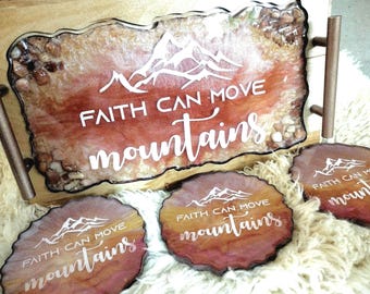 Handmade Resin Tray & Coaster Set: Crushed Glass Inlay - Faith Design