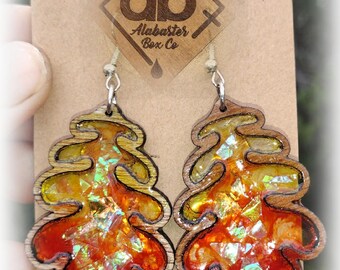 Laser Cut Wood Leaf Earrings | Fall Resin with Holographic Flakes