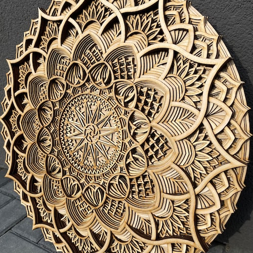 Carved Wooden Wall Art Framed Mandala Distressed White Panel Etsy