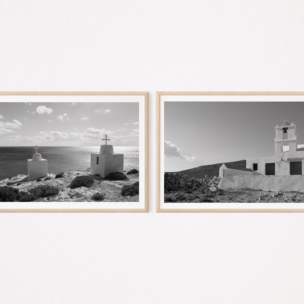 Griechische Kirche Fotodruck Schwarzweiß | 2er Set | Digitaler Download | Mediterrane Wandkunst | Kunstdruck Griechenland |