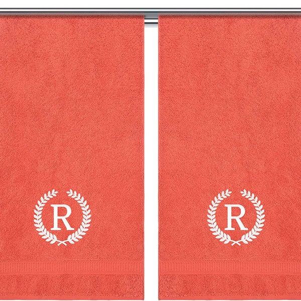 Monogrammed Coral Towels for Bathroom, Decorative Embroidered, Personalized, 100% Turkish Cotton Customized 2 Piece Hand Towel Set