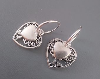 Sterling silver heart charm earrings, small silver hoops, interchangeable earrings, heart drop earring, bridal jewellery, gift for mum