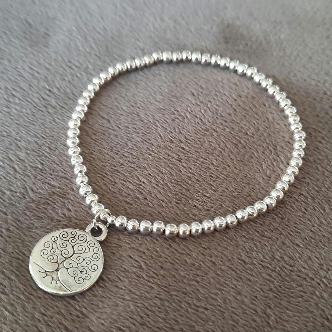 Silver Plated Tree of Life Charm Beaded Bracelet: Stretch Stacking ...