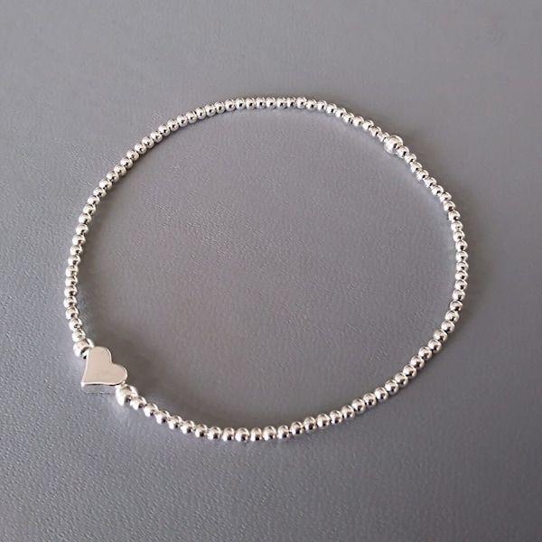 Delicate silver plated heart charm bracelet, wedding jewellery, bridesmaid jewellery, beaded stretch stacking bracelet, gift for mum or wife