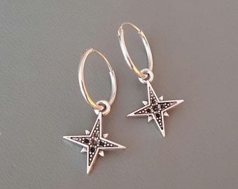 Sterling Silver Star Charm Hoop Earrings: Dainty Celestial Hoops