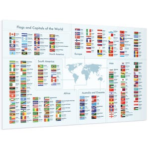 Flaggen und Hauptstädte der Welt mit Übersichtskarte, Lernposter für Kinder im Montessori-Klassenzimmer (Englisch) (hochwertiges, dickes Satinpapier, 260 g)