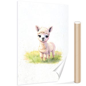 May include: A watercolor painting of a cute, white alpaca with a pink nose and hooves. The alpaca is standing in a field of green grass.