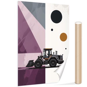 May include: A digital illustration of a gray construction vehicle with a purple, pink, and white geometric background. The vehicle is a front loader with a large scoop. The background has a pattern of circles and dots in black, white, and orange.