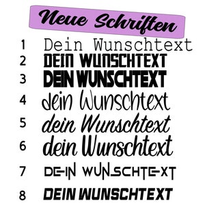 Könnte beinhalten: Eine Grafik mit acht verschiedenen Schriftarten für den Text "Dein Wunschtext". Die Schriftarten reichen von einfach bis dekorativ.
