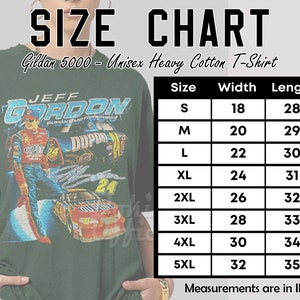 May include: Size chart for a Gildan 5000 Unisex Heavy Cotton T-Shirt. The chart shows sizes S through 5XL with corresponding width and length measurements in inches.