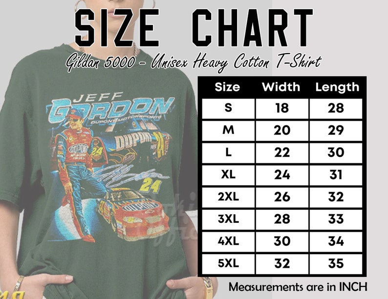 May include: Size chart for a Gildan 5000 Unisex Heavy Cotton T-Shirt. The chart shows sizes S through 5XL with corresponding width and length measurements in inches.