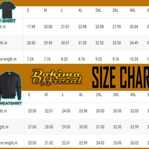 May include: Size chart for t-shirts and sweatshirts. The chart shows the width, length, and sleeve length in inches for sizes S through 5XL.