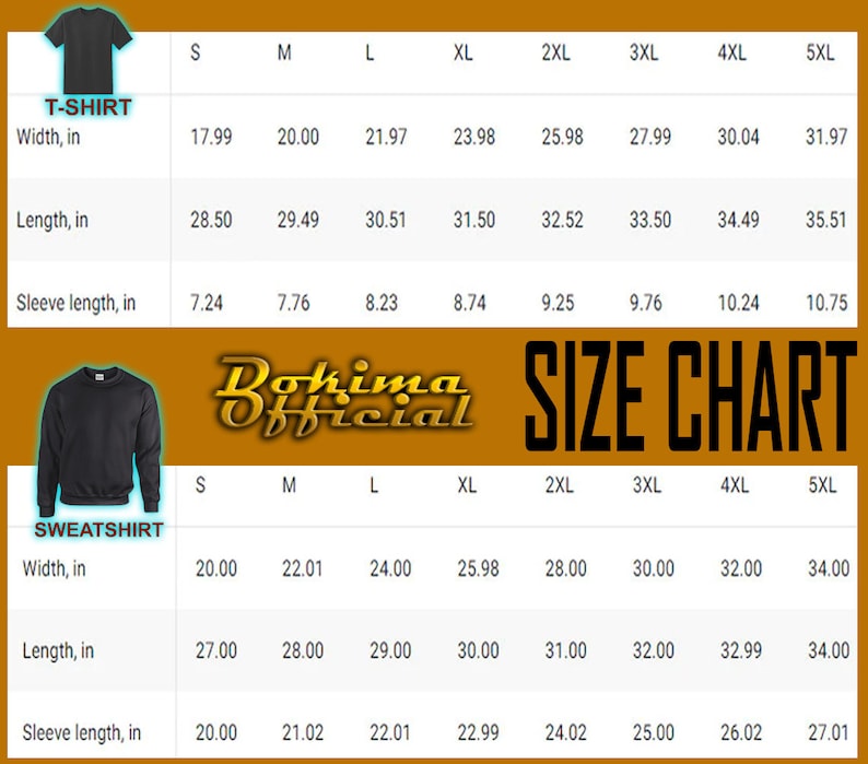 May include: Size chart for t-shirts and sweatshirts. The chart shows the width, length, and sleeve length in inches for sizes S through 5XL.