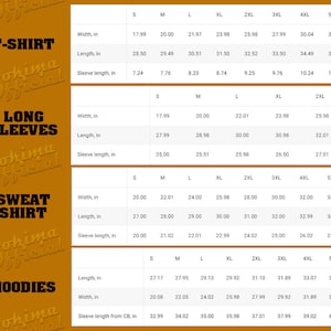 K&ouml;nnte beinhalten: Eine Gr&ouml;&szlig;entabelle f&uuml;r T-Shirts, Langarmshirts, Sweatshirts und Hoodies. Die Tabelle zeigt die Breite, L&auml;nge und &Auml;rmell&auml;nge in Zoll f&uuml;r die Gr&ouml;&szlig;en S bis 5XL.