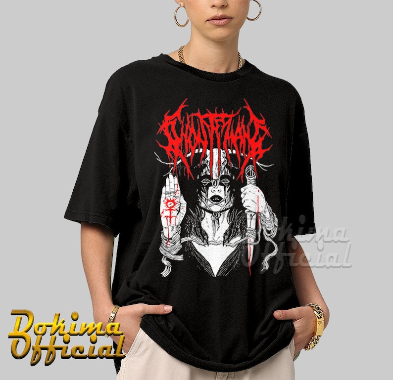 May include: Black t-shirt with a white and red graphic print of a woman with a crown of thorns and the text "Ghost Bath" in red.