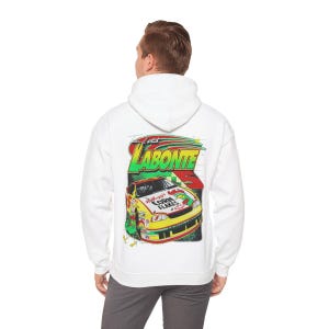 May include: White hooded sweatshirt with a graphic print of a race car with the text "Labonte 5" and "Kellogg's Corn Flakes" on the back.