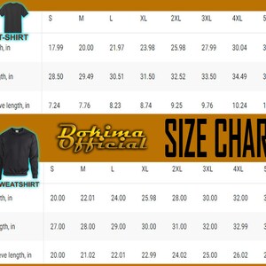 May include: Size chart for t-shirts and sweatshirts. The chart shows the width, length, and sleeve length in inches for sizes S through 5XL.