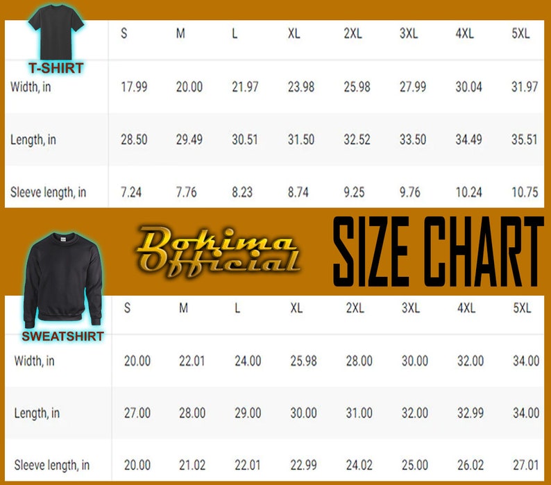 May include: Size chart for t-shirts and sweatshirts. The chart shows the width, length, and sleeve length in inches for sizes S through 5XL.