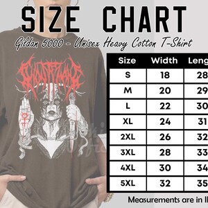 May include: Size chart for a Gildan 5000 Unisex Heavy Cotton T-Shirt. The chart shows sizes S through 5XL with corresponding width and length measurements in inches.
