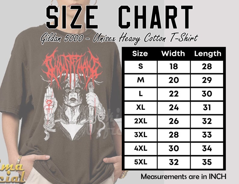 May include: Size chart for a Gildan 5000 Unisex Heavy Cotton T-Shirt. The chart shows sizes S through 5XL with corresponding width and length measurements in inches.