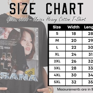 K&ouml;nnte beinhalten: Gr&ouml;&szlig;entabelle f&uuml;r ein Gildan 5000 Unisex Heavy Cotton T-Shirt. Die Tabelle zeigt die Breite und L&auml;nge in Zoll f&uuml;r die Gr&ouml;&szlig;en S bis 5XL.