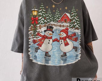 Christmas Snowman Ice Skating Comfort Colors Shirt | Sweatshirt Vintage Winter Couple Gift Tee