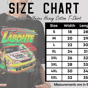 May include: Size chart for a Gildan 5000 Unisex Heavy Cotton T-Shirt. The chart shows the width and length measurements in inches for sizes S through 5XL.
