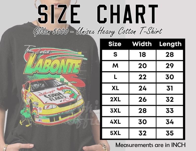 May include: Size chart for a Gildan 5000 Unisex Heavy Cotton T-Shirt. The chart shows the width and length measurements in inches for sizes S through 5XL.