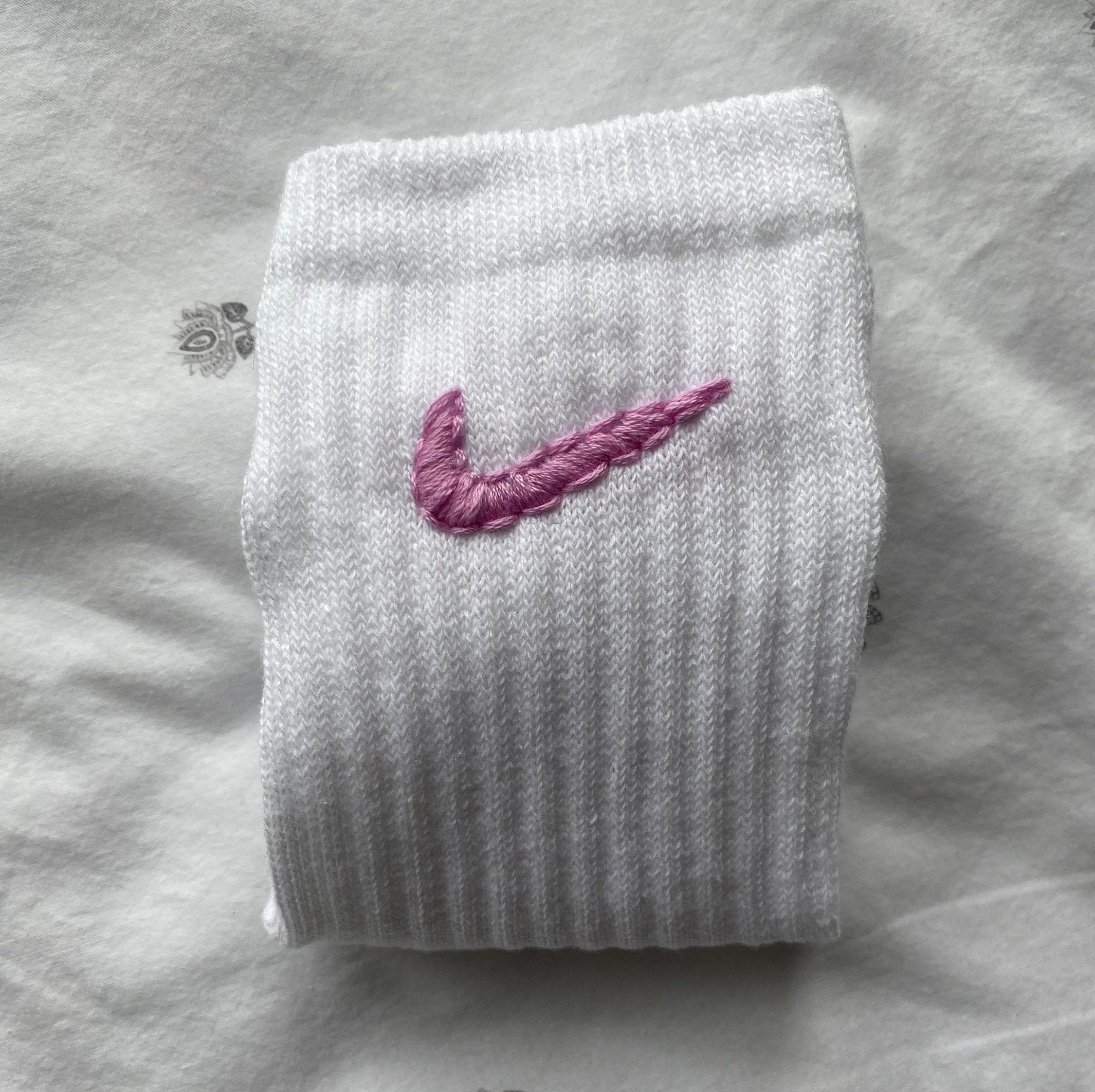 White Embroidered Sports Socks With Light Pink Nike Tick - Etsy UK
