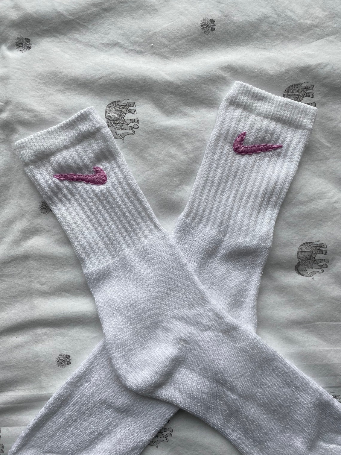 White embroidered sports socks with light pink Nike tick | Etsy