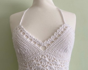 White Crochet Festival Adjustable Halterneck Crop Top Bralet Handmade 100% Cotton UK B Cup
