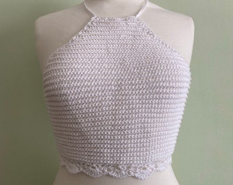 White Crochet Adjustable Halterneck Crop Top Handmade 100% Cotton UK S