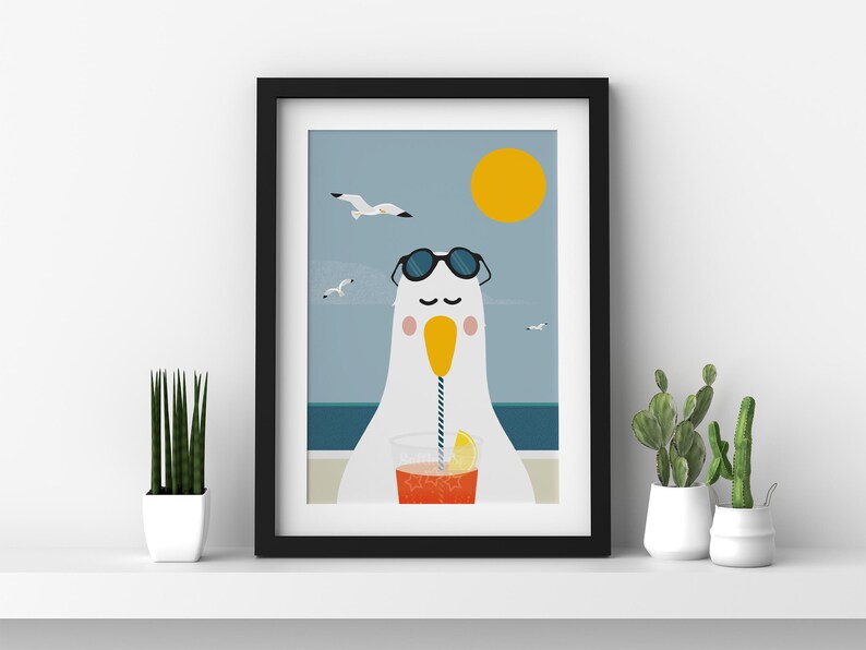 Sizzling Seagull Print, Seaside Prints, Seagull Wall Art, Seaside Decor, Seaside Art for Bathroom, Kids Seaside Bedroom image 7